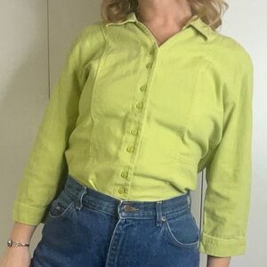 Christopher & Banks lime green linen button up shirt blouse